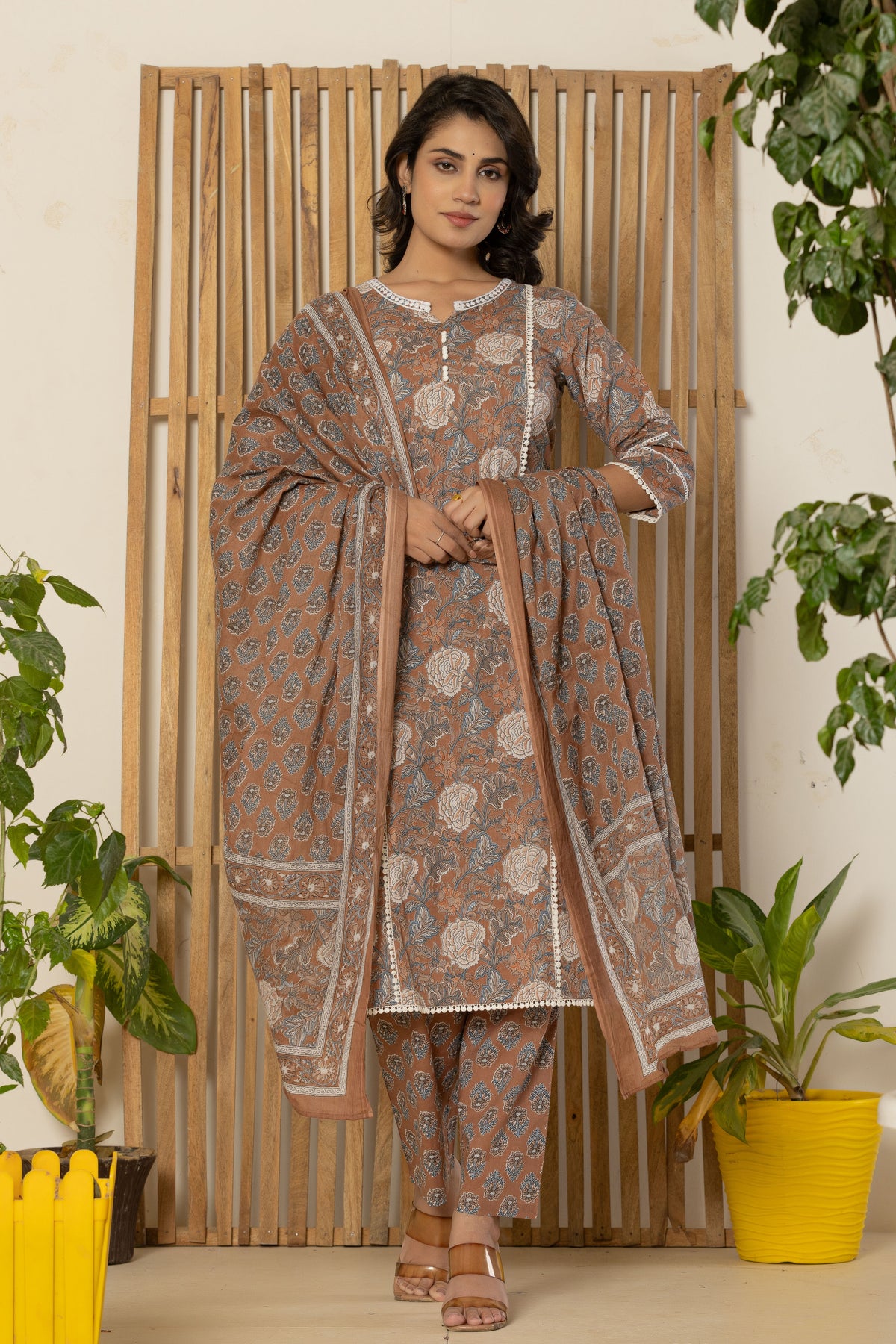Brown Kurti pant set with dupatta
