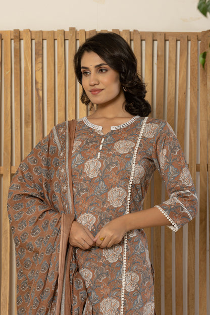 Brown Kurti pant set with dupatta