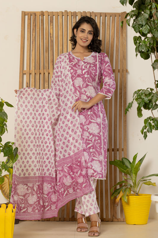 Pearly Purple Kurti Pant Set With Dupatta