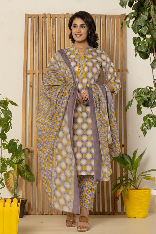 Mustard Yellow Kurti Pant Set With Dupatta