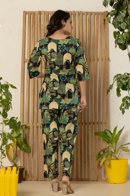 Jungle Black Printed Cotton Night Suit