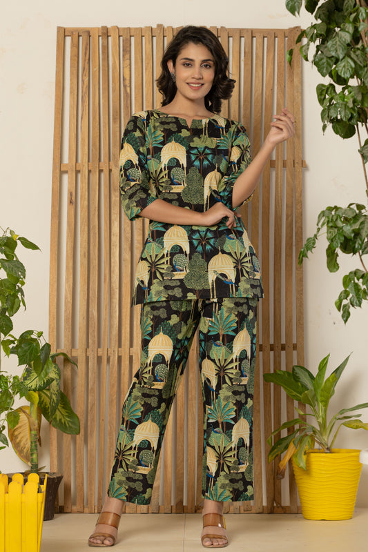 Jungle Black Printed Cotton Night Suit