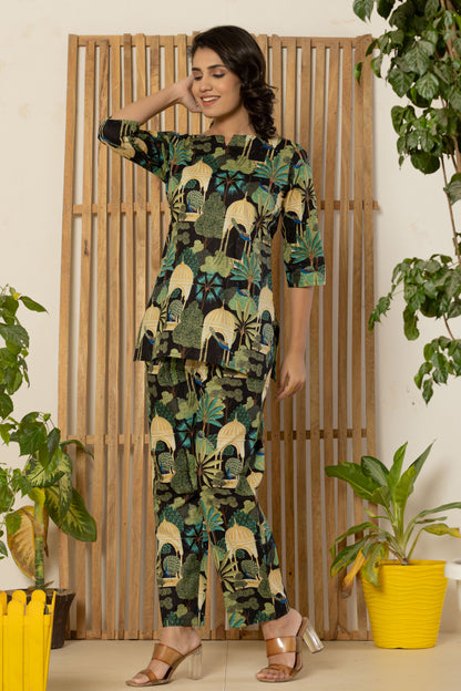 Jungle Black Printed Cotton Night Suit