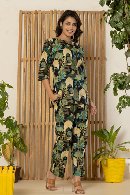 Jungle Black Printed Cotton Night Suit