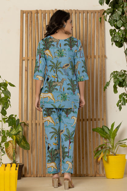 Blue Jungle Printed Cotton Night Suit