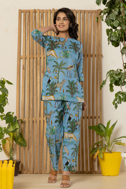 Blue Jungle Printed Cotton Night Suit