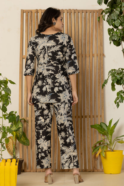 Black Floral Printed Cotton Night Suit