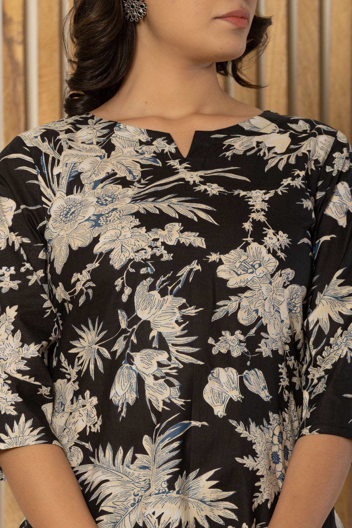Black Floral Printed Cotton Night Suit