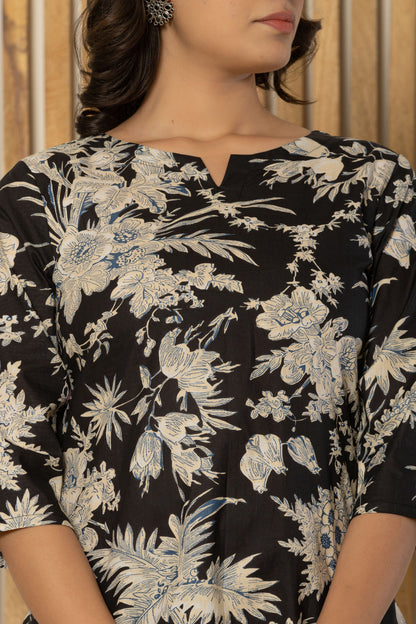 Black Floral Printed Cotton Night Suit