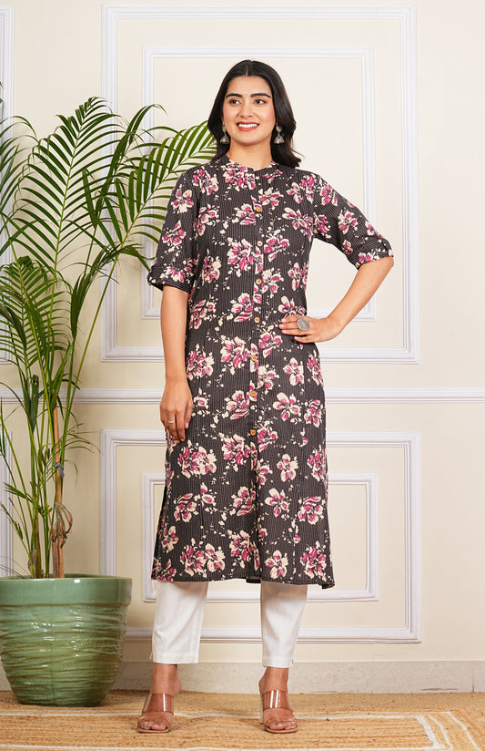 Black Katha Cotton A-Line Kurta