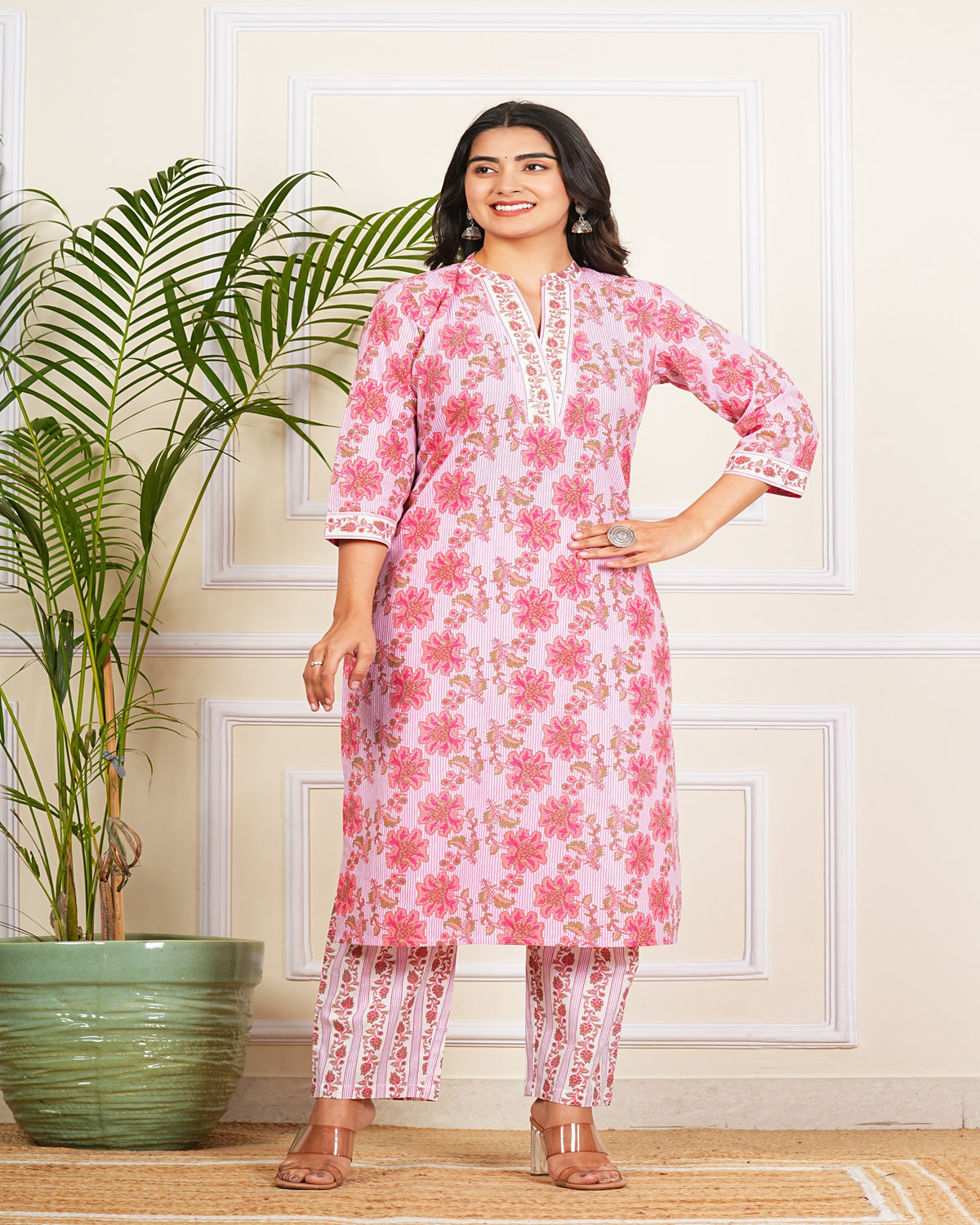 Pink Lining Kurti Pant Set with Dupatta