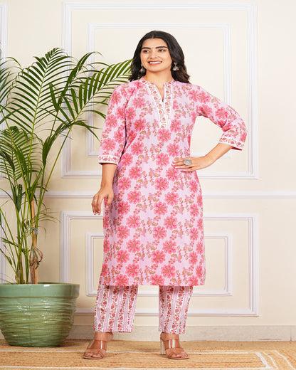 Pink Lining Kurti Pant Set with Dupatta