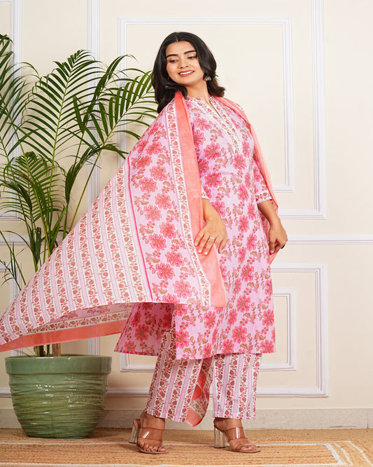 Pink Lining Kurti Pant Set with Dupatta