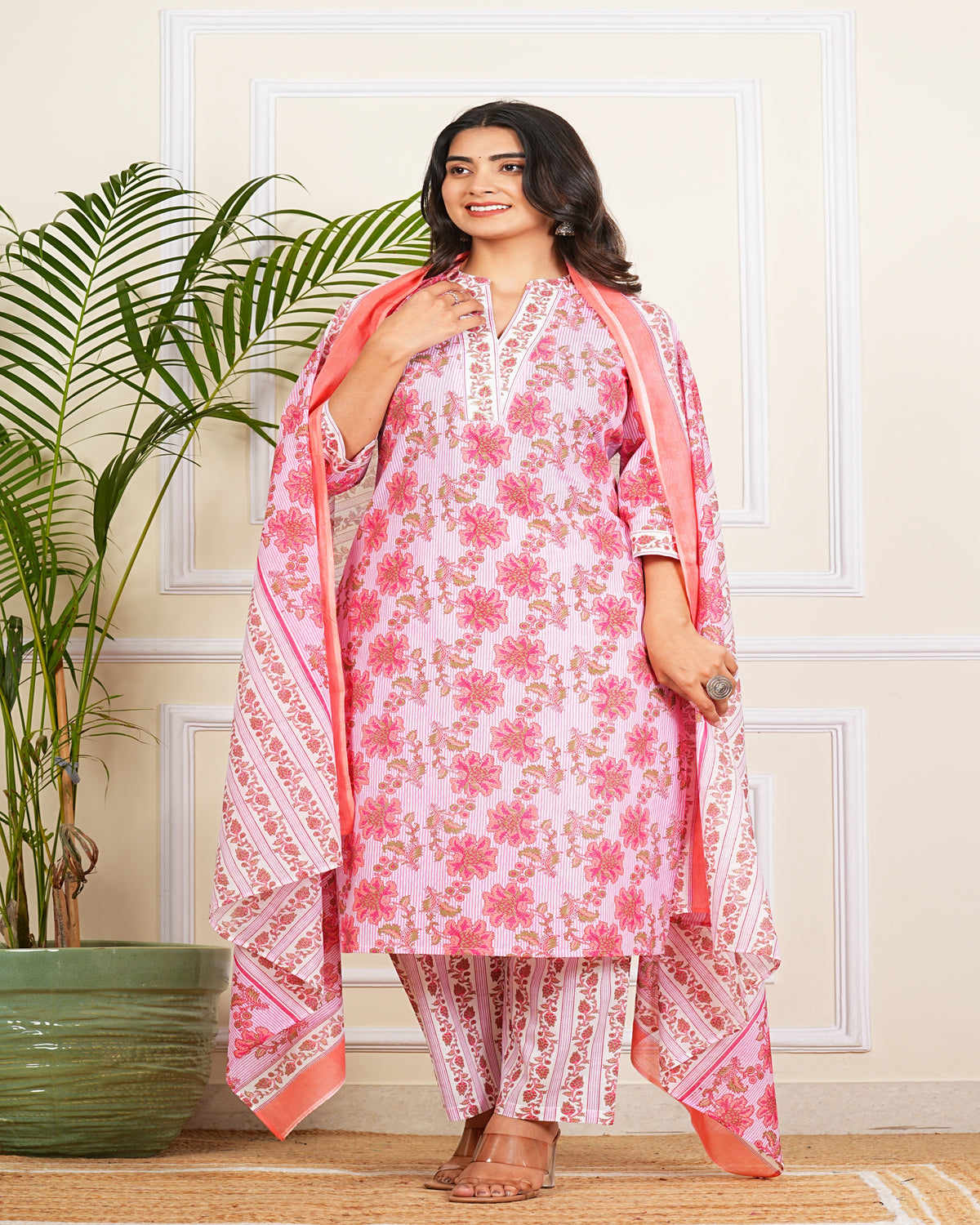 Pink Lining Kurti Pant Set with Dupatta