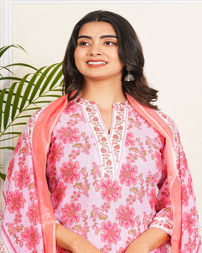 Pink Lining Kurti Pant Set with Dupatta