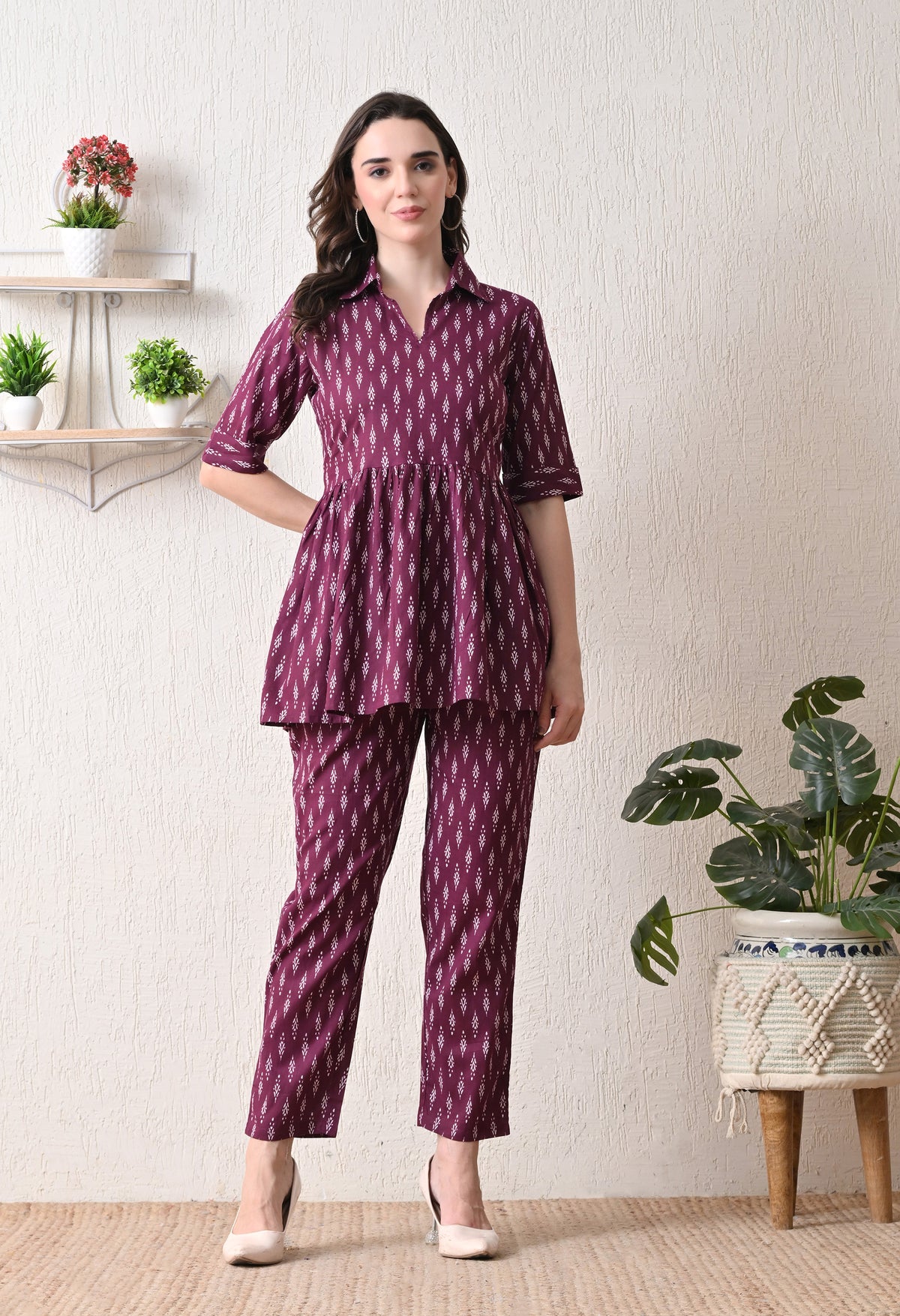 Wine Peplum Cotton Coord sets