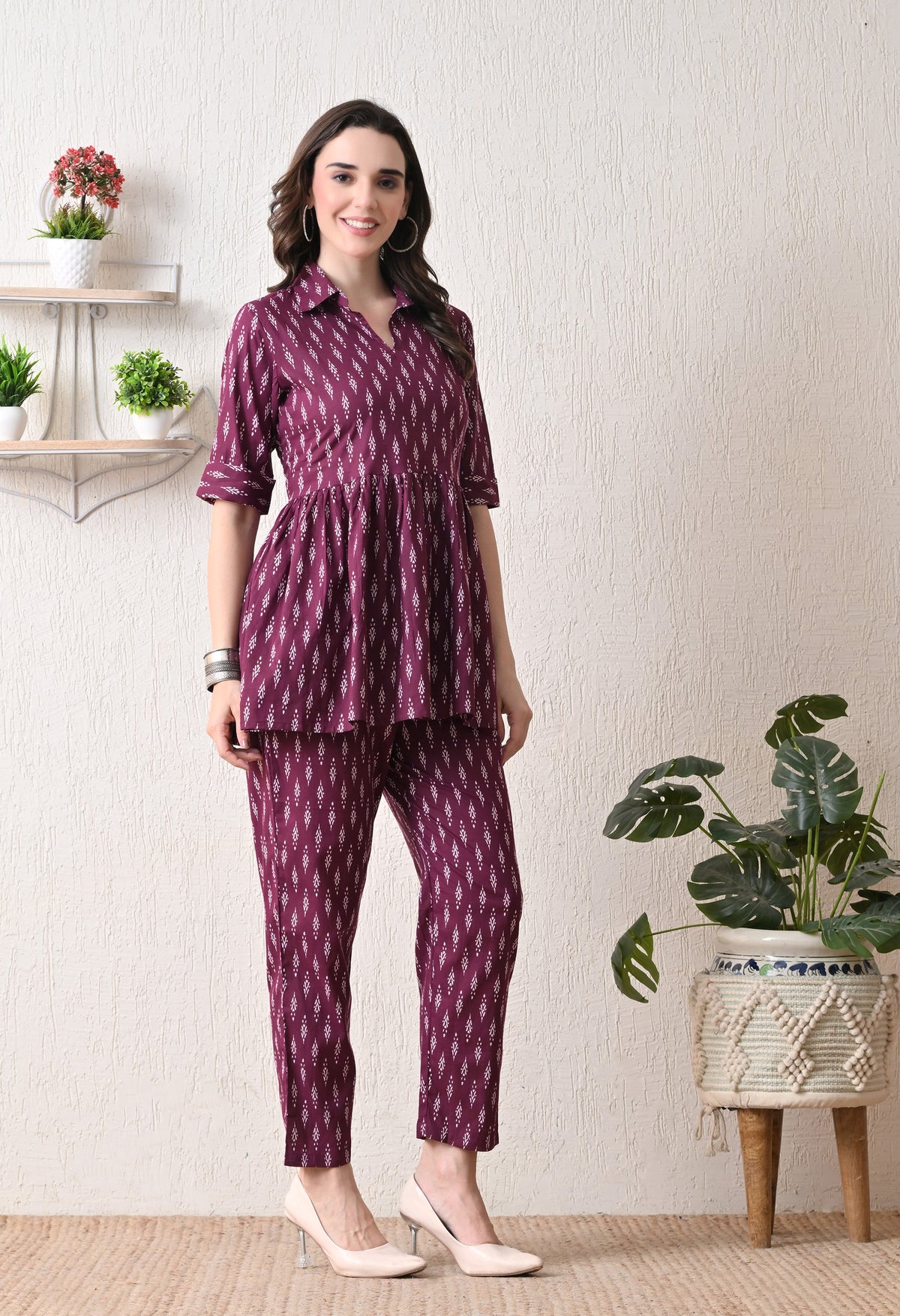 Wine Peplum Cotton Coord sets