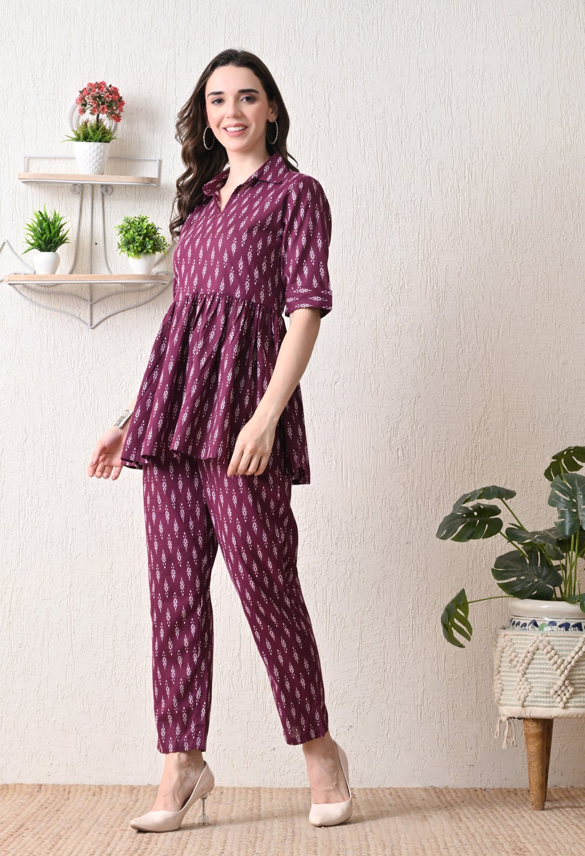 Wine Peplum Cotton Coord sets