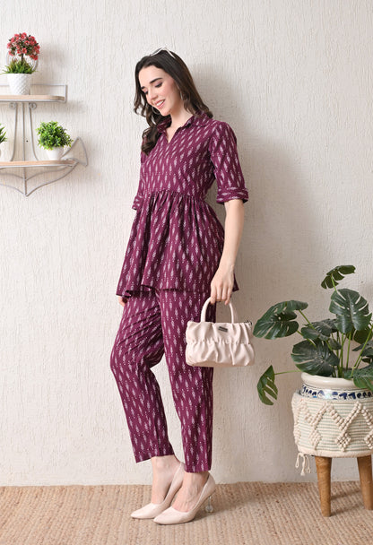 Wine Peplum Cotton Coord sets