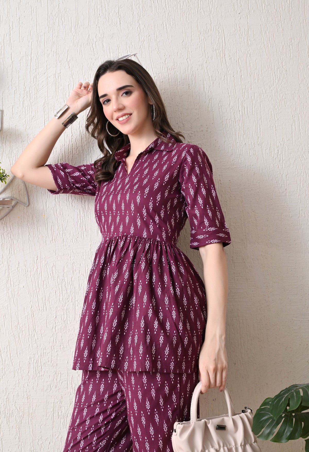 Wine Peplum Cotton Coord sets