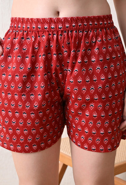 Red Buta  Cotton Top and Short Set
