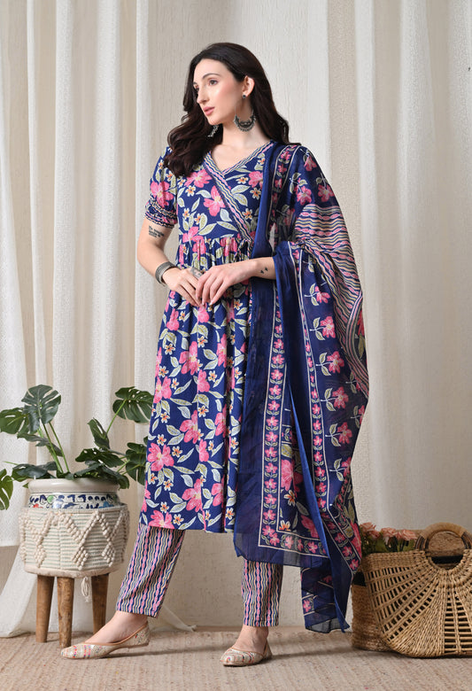 Blue Floral Cotton Anghrakha Set