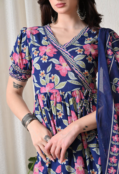 Blue Floral Cotton Anghrakha Set