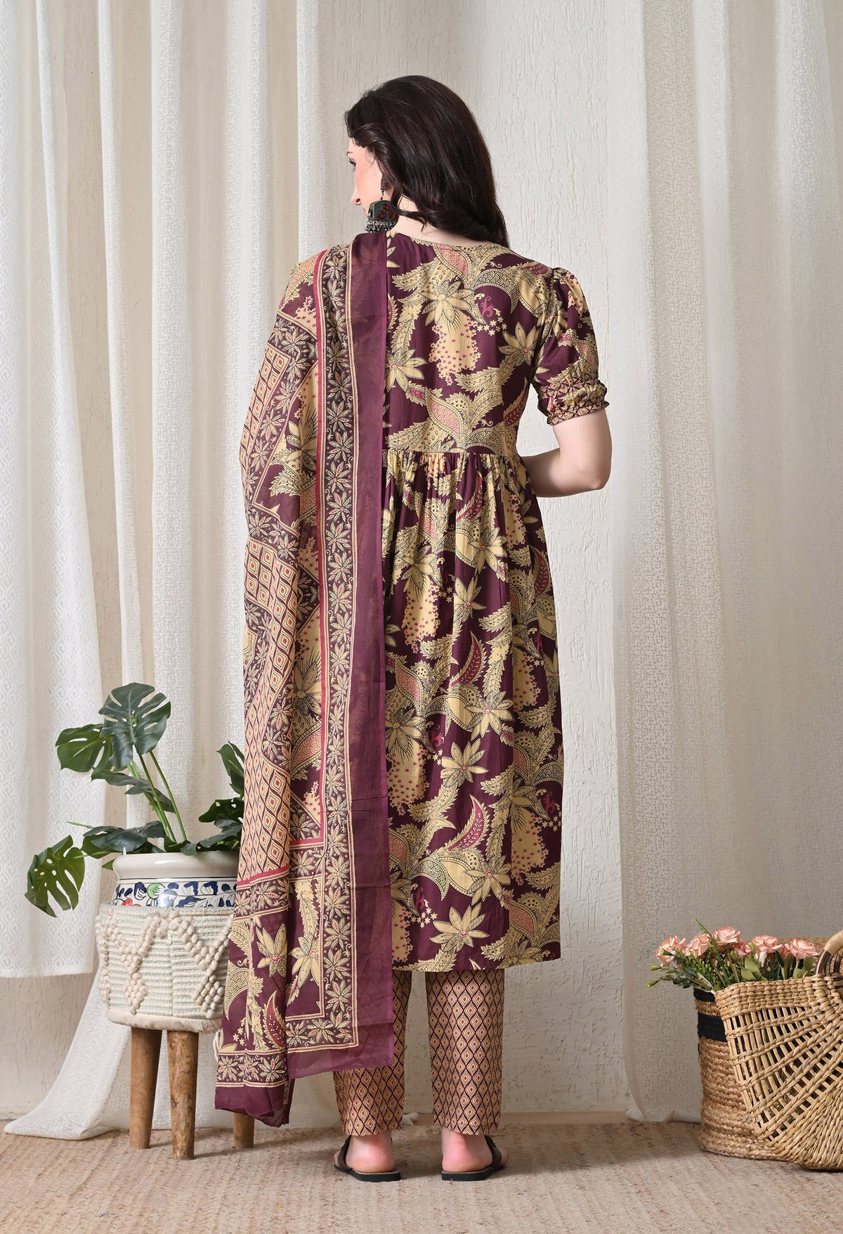 Wine Floral Cotton Angrakha Set