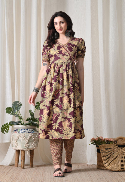 Wine Floral Cotton Angrakha Set