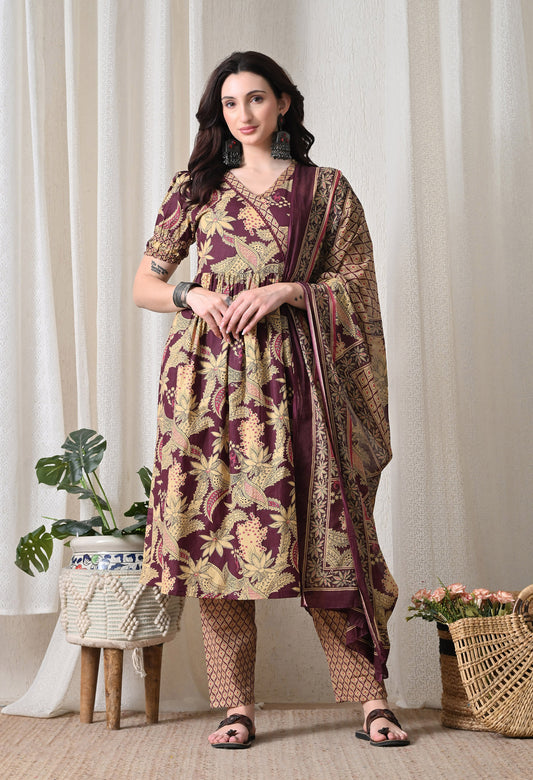 Wine Floral Cotton Angrakha Set