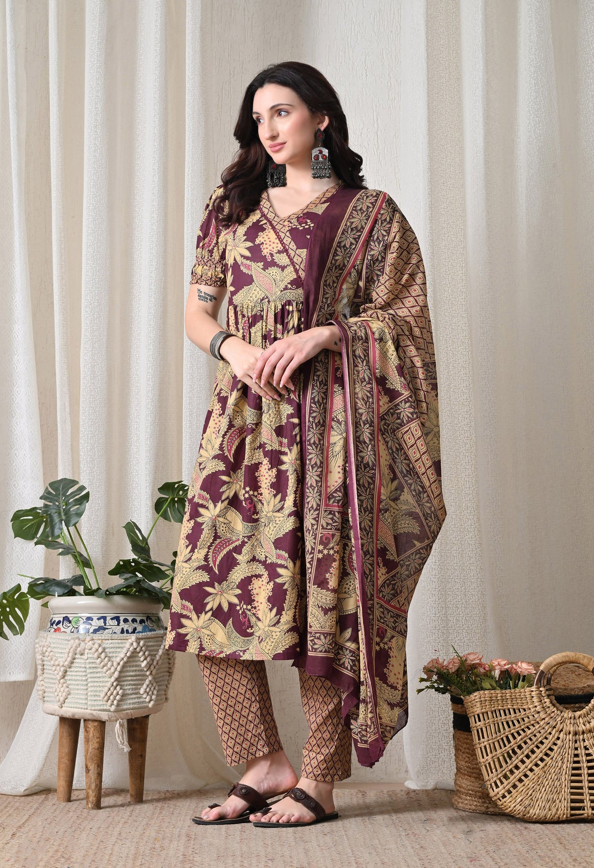 Wine Floral Cotton Angrakha Set