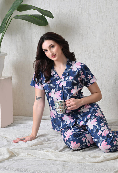 Blue Floral Printed Night Suit