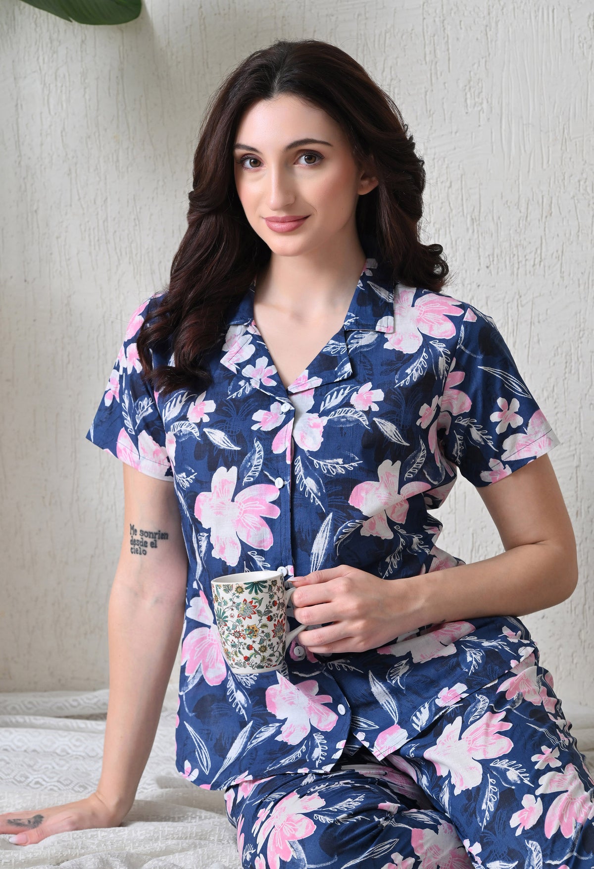 Blue Floral Printed Night Suit