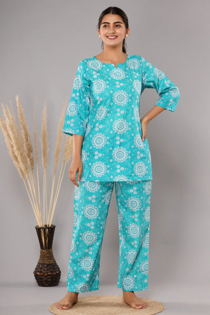 Blue Cotton Printed Night Suits