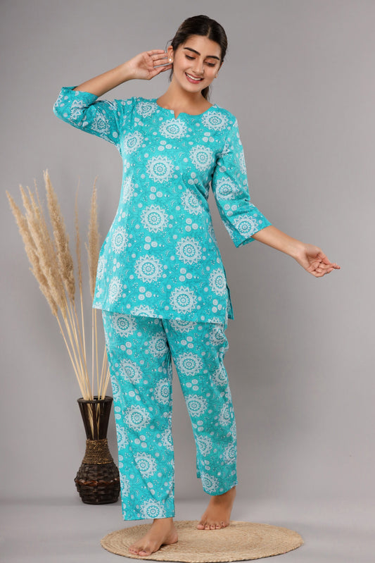 Blue Cotton Printed Night Suits