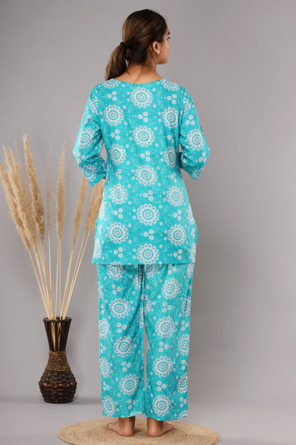 Blue Cotton Printed Night Suits