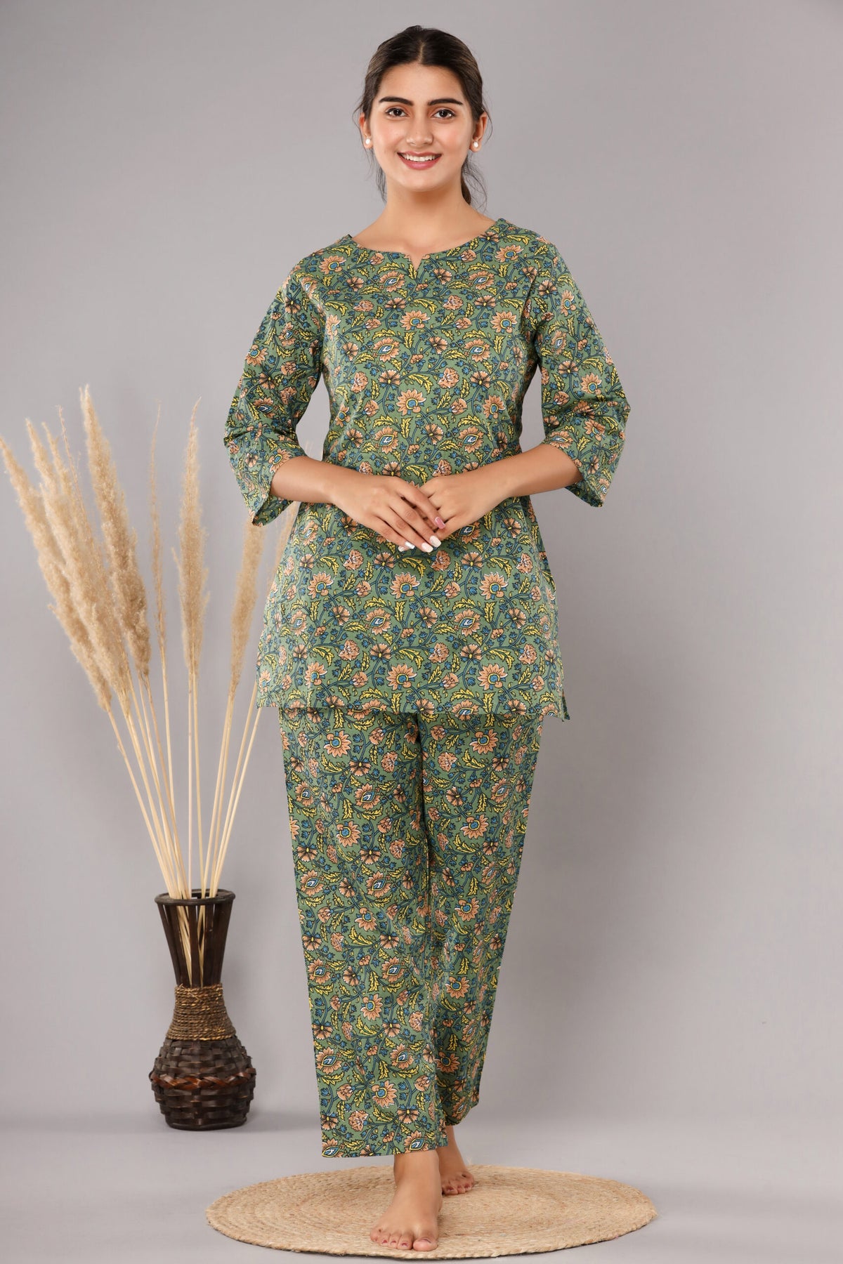 Green Cotton Printed Night Suits
