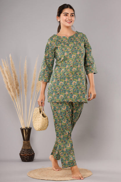 Green Cotton Printed Night Suits