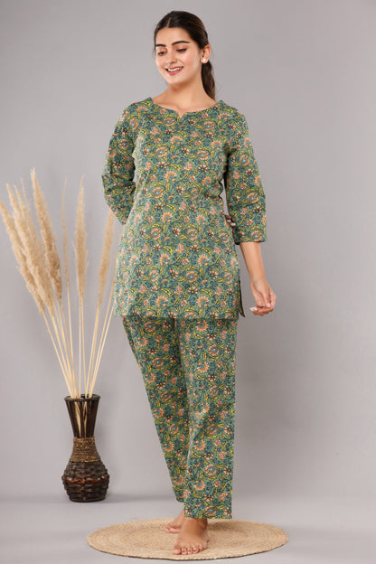 Green Cotton Printed Night Suits