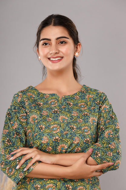 Green Cotton Printed Night Suits
