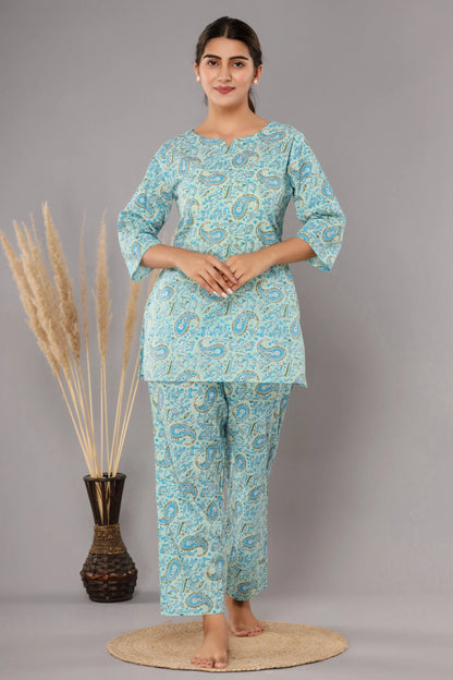 Sky Blue Cotton Printed Night Suits