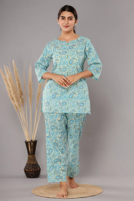 Sky Blue Cotton Printed Night Suits