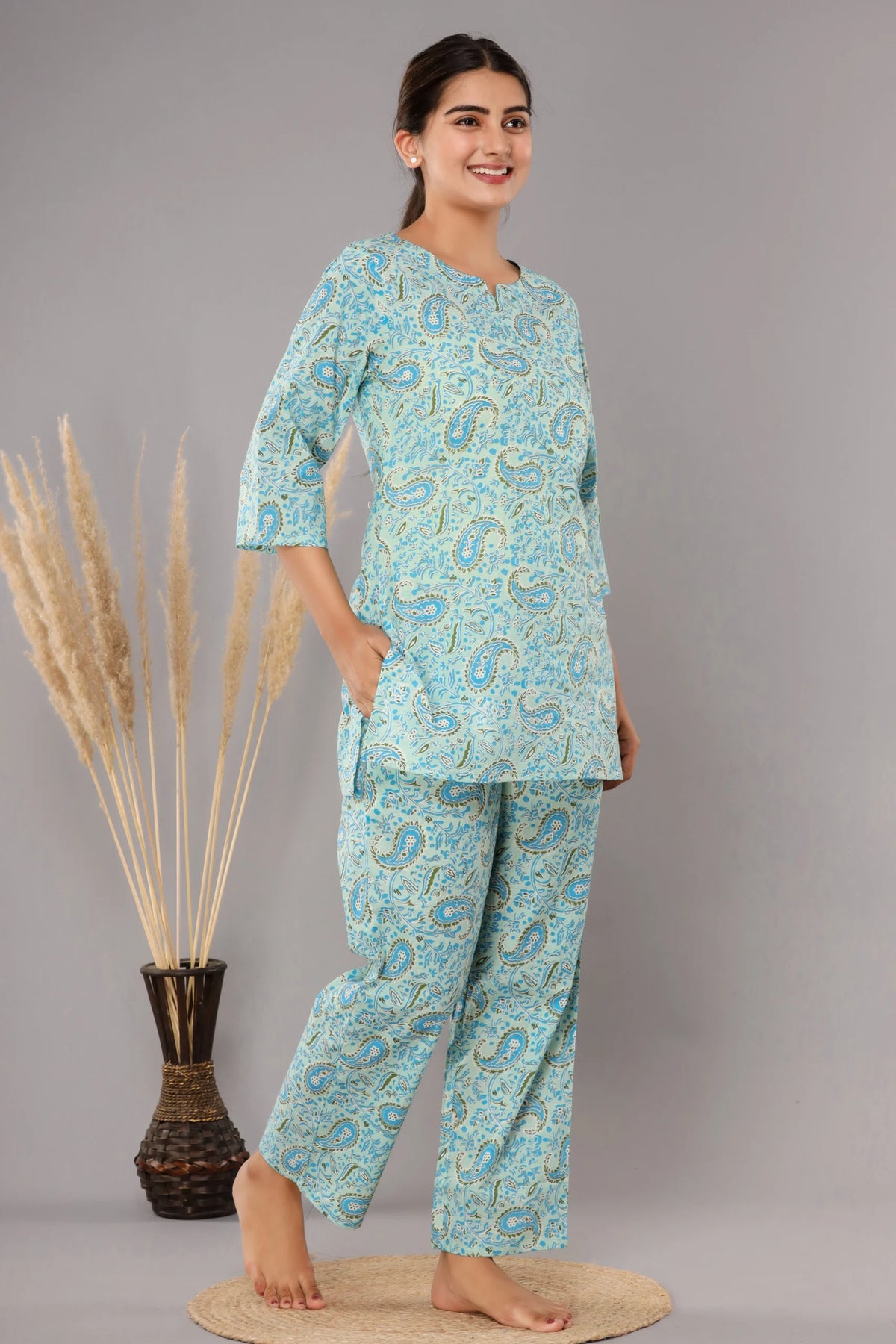 Sky Blue Cotton Printed Night Suits