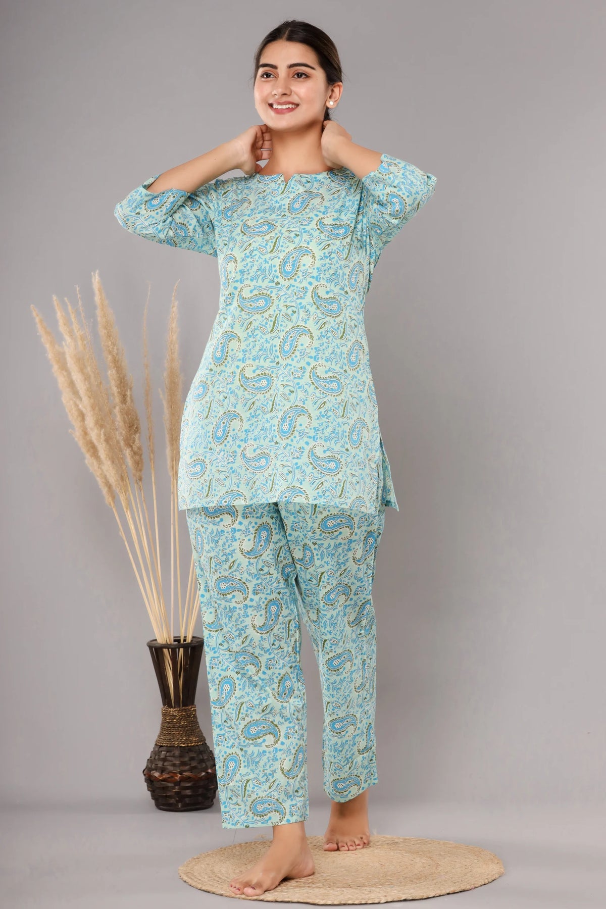 Sky Blue Cotton Printed Night Suits