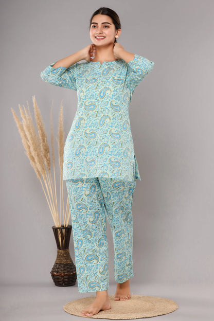 Sky Blue Cotton Printed Night Suits