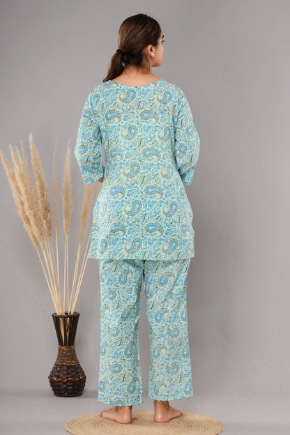 Sky Blue Cotton Printed Night Suits