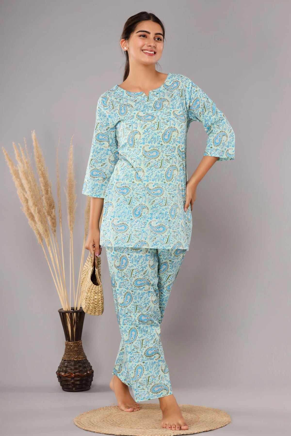 Sky Blue Cotton Printed Night Suits