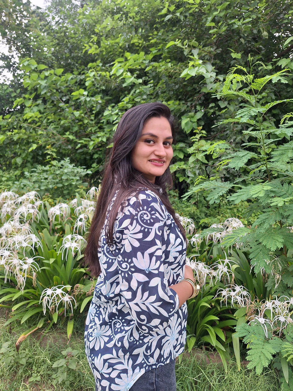 Indigo petals Cotton High Low Shirts
