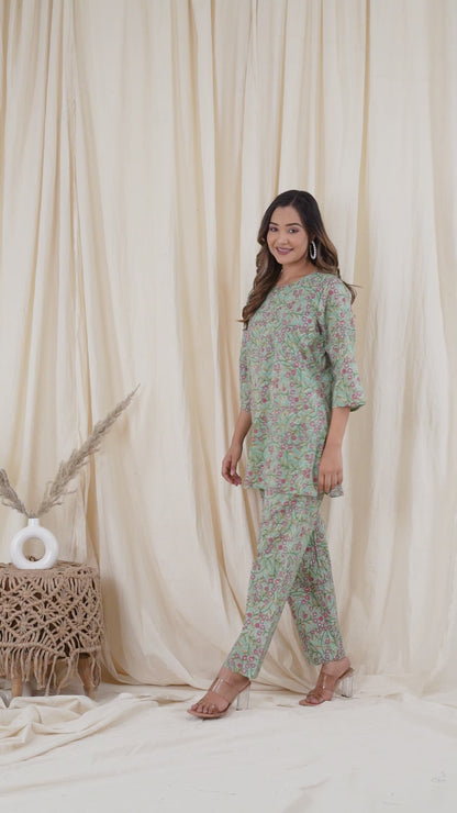 Green Cotton Printed Night Suits