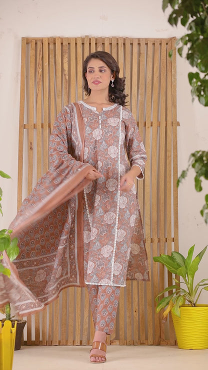 Brown Kurti pant set with dupatta